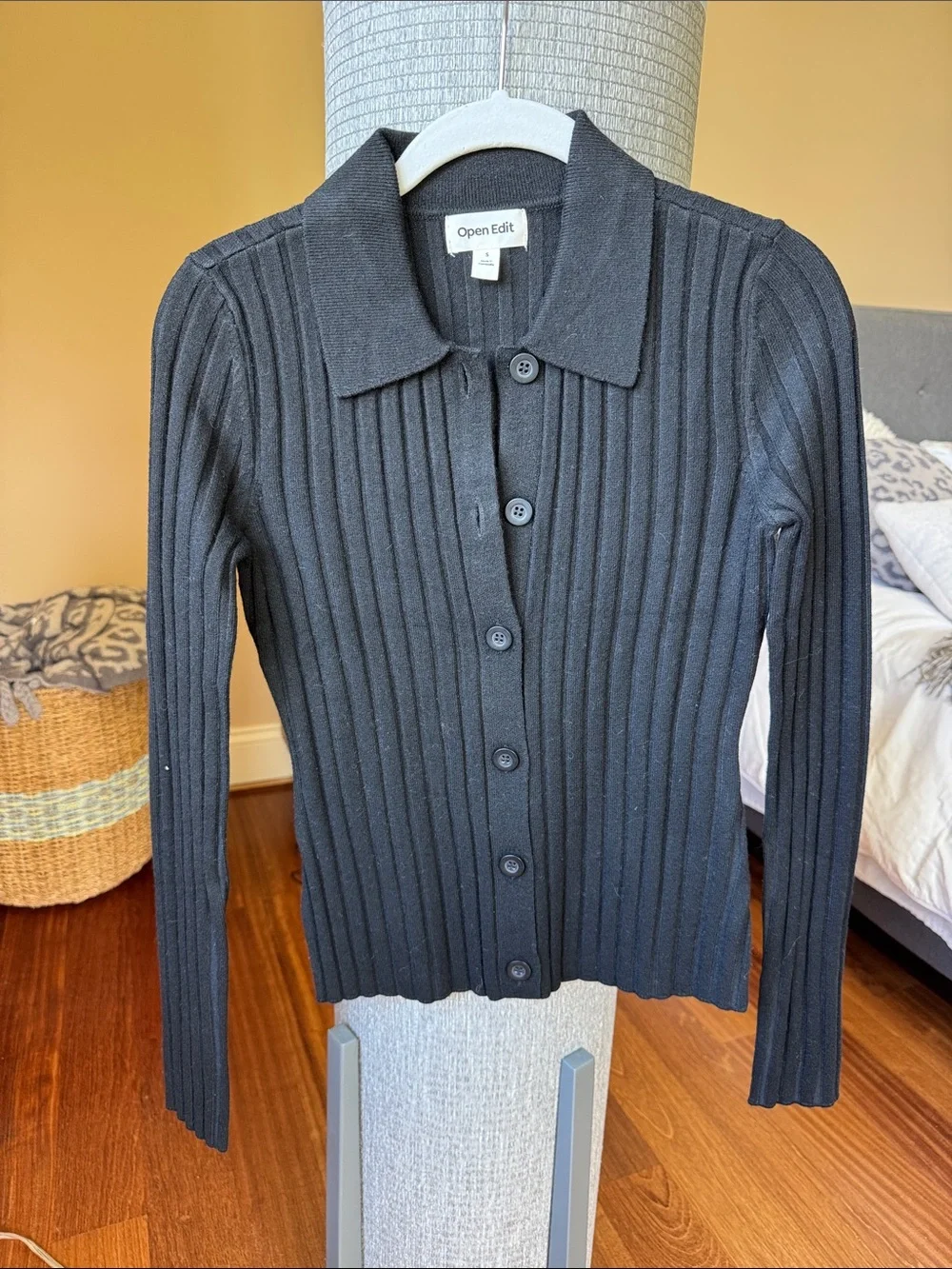 Open Edit Black Ribbed Button-Up Cardigan - Picture 1 of 4